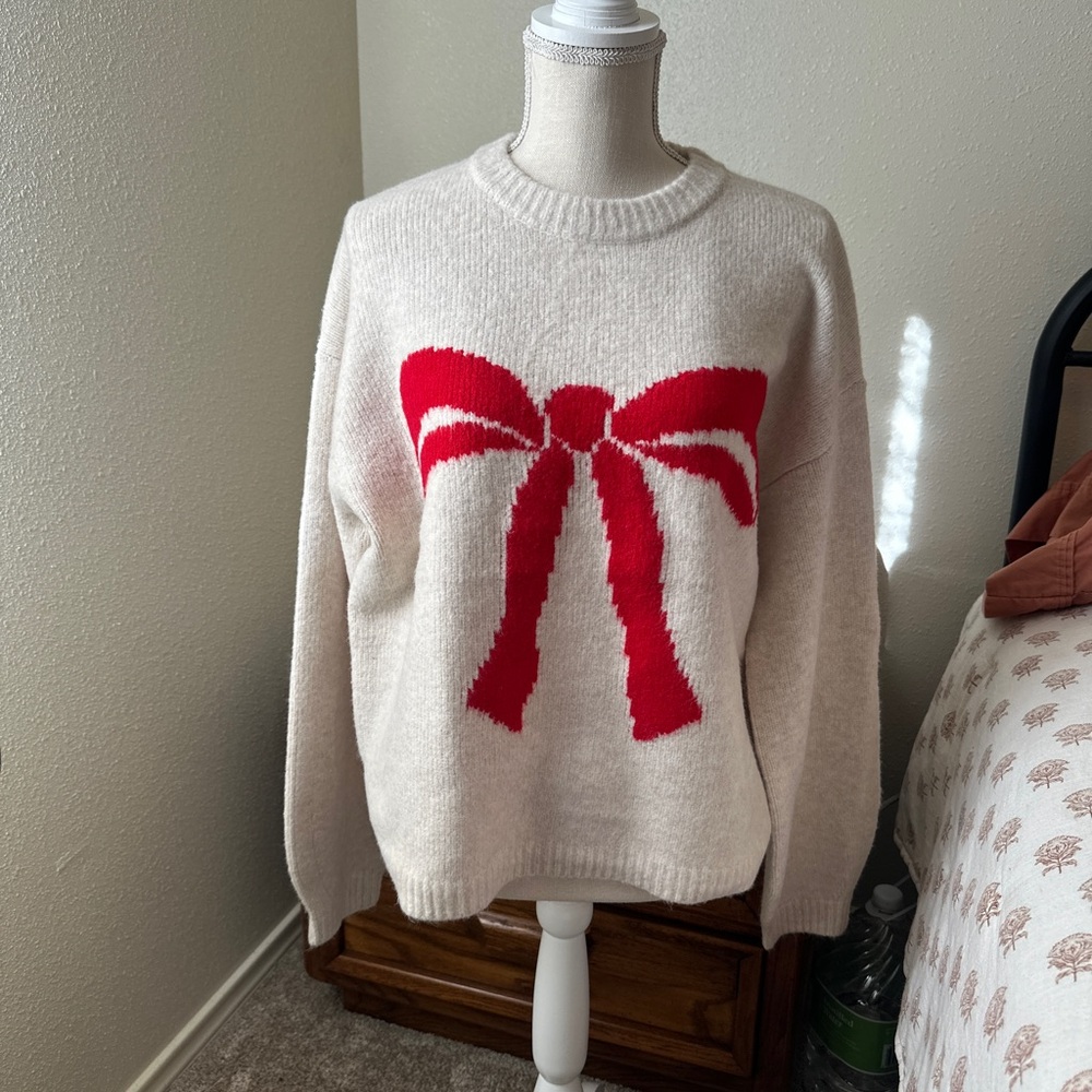 a new day Cream Sweater with Red Bow